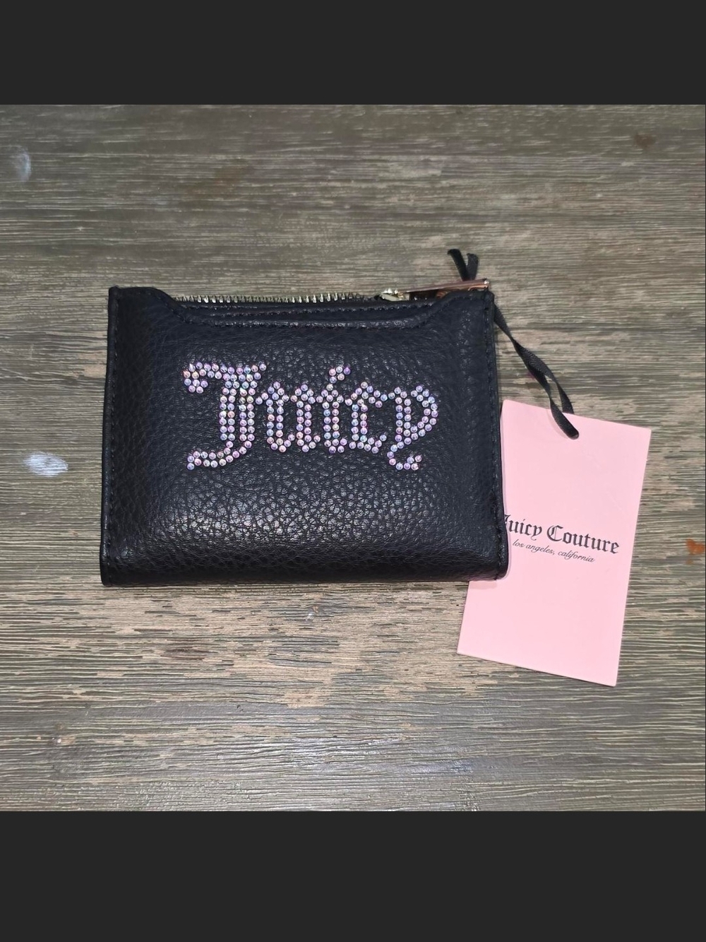 Juicy Couture Black Pebbled Leather Rhinestone Logo Coin Wallet